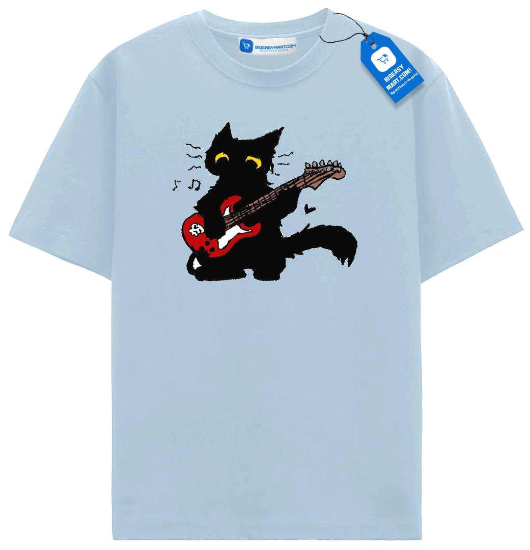 Red Guitar Cat T Shirt, Cute Rock Music Black Cat Tee Red Guitar Cat T Shirt, Cute Rock Music Black Cat Tee - Image 4