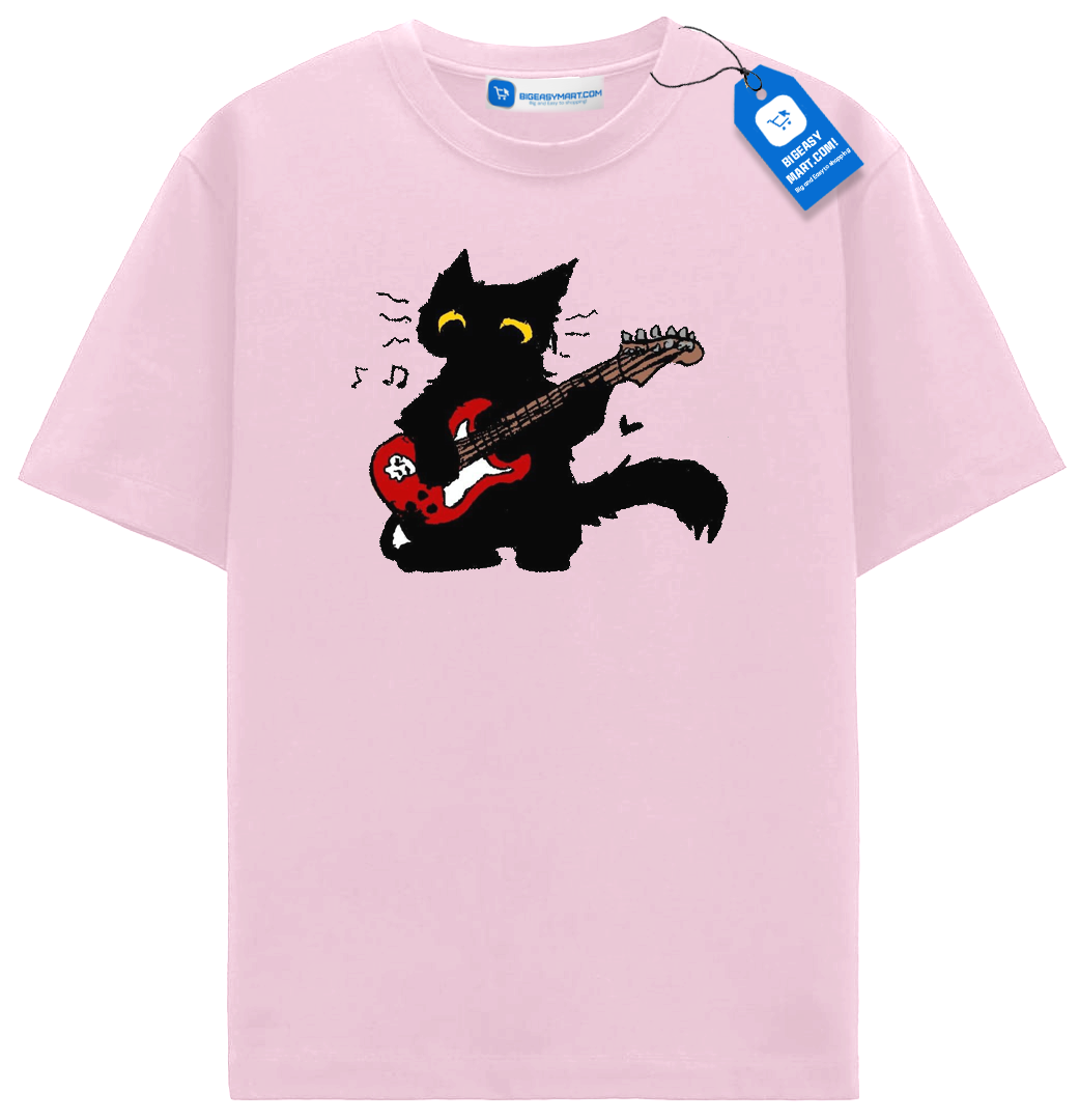 Red Guitar Cat T Shirt, Cute Rock Music Black Cat Tee Red Guitar Cat T Shirt, Cute Rock Music Black Cat Tee - Image 5