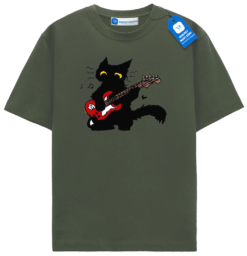 Red Guitar Cat T Shirt, Cute Rock Music Black Cat Tee