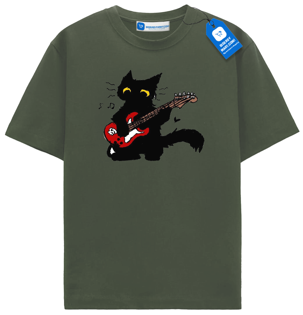 Red Guitar Cat T Shirt, Cute Rock Music Black Cat Tee Red Guitar Cat T Shirt, Cute Rock Music Black Cat Tee