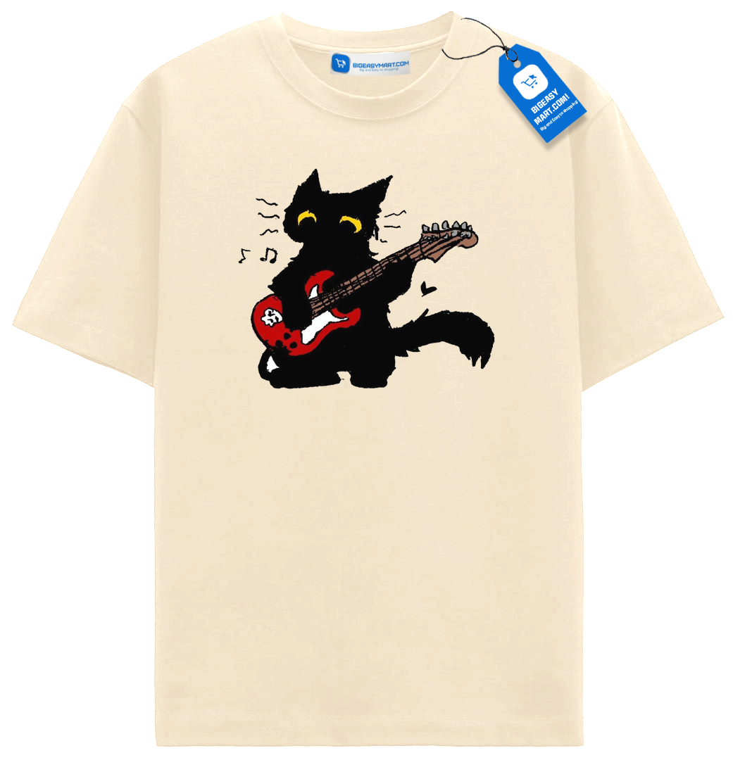 Red Guitar Cat T Shirt, Cute Rock Music Black Cat Tee Red Guitar Cat T Shirt, Cute Rock Music Black Cat Tee - Image 6