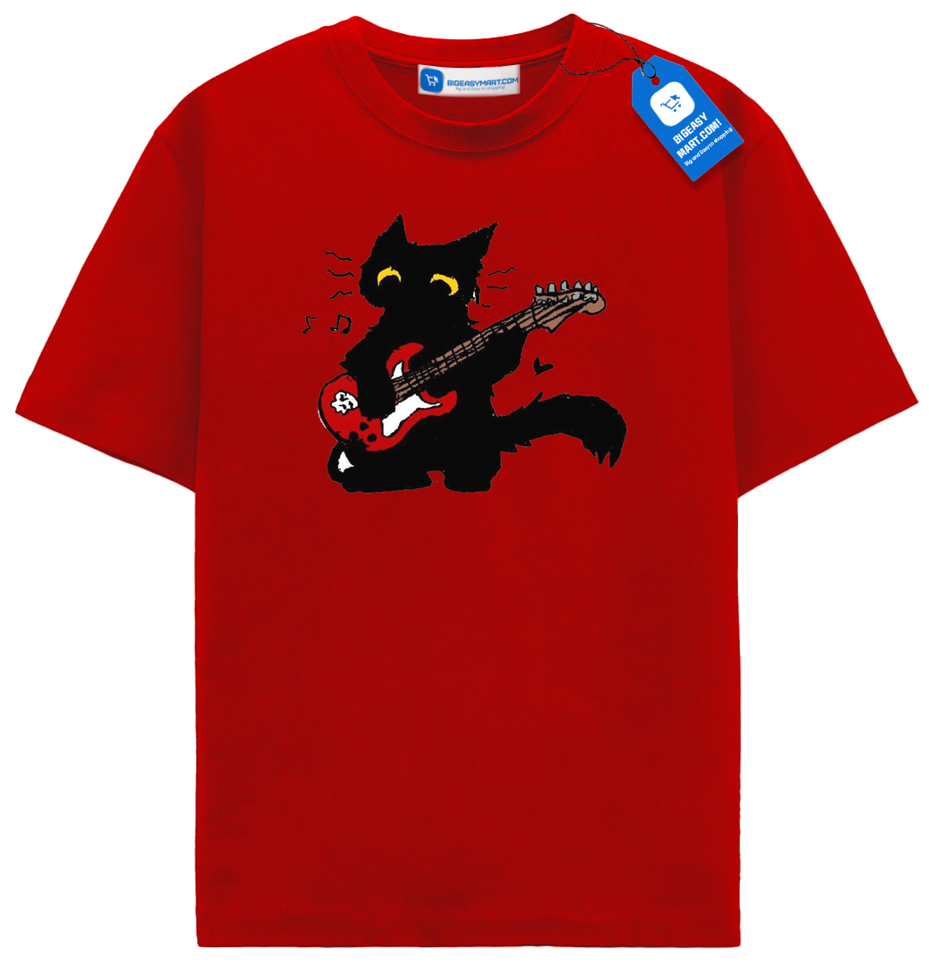 Red Guitar Cat T Shirt, Cute Rock Music Black Cat Tee Red Guitar Cat T Shirt, Cute Rock Music Black Cat Tee - Image 8