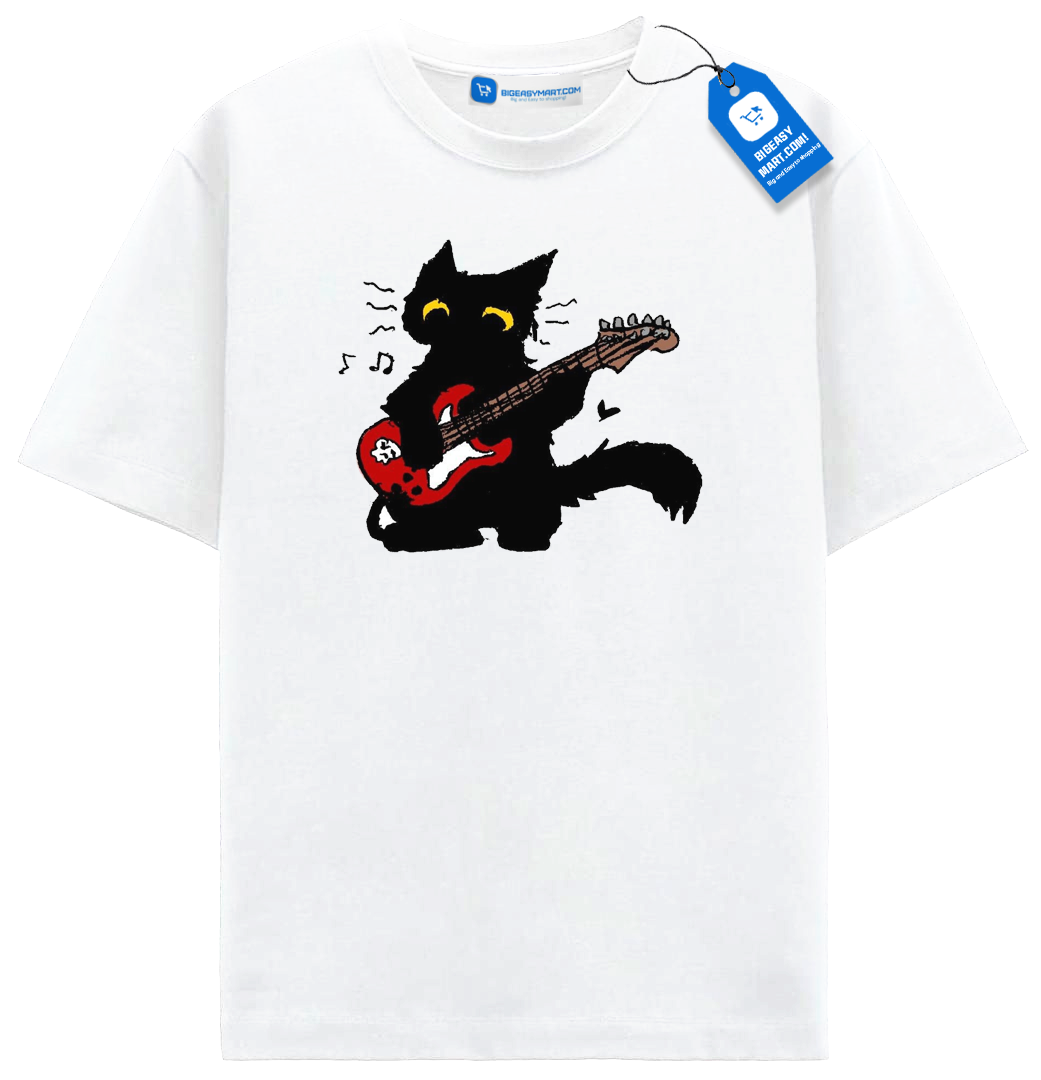 Red Guitar Cat T Shirt, Cute Rock Music Black Cat Tee Red Guitar Cat T Shirt, Cute Rock Music Black Cat Tee - Image 10