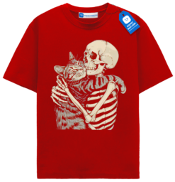 Skeleton Hugging Cat T Shirt, Gothic Halloween Cat Lover Tee