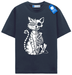 Split Skeleton Cat, Graphic Spooky Halloween Tee