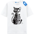 Split Skeleton Cat, Graphic Spooky Halloween Tee