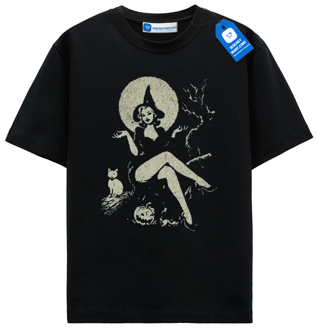 Vintage Witch Pin Up Halloween T Shirt, Retro Moon Cat Tee Vintage Witch Pin Up Halloween T Shirt, Retro Moon Cat Tee - Image 2