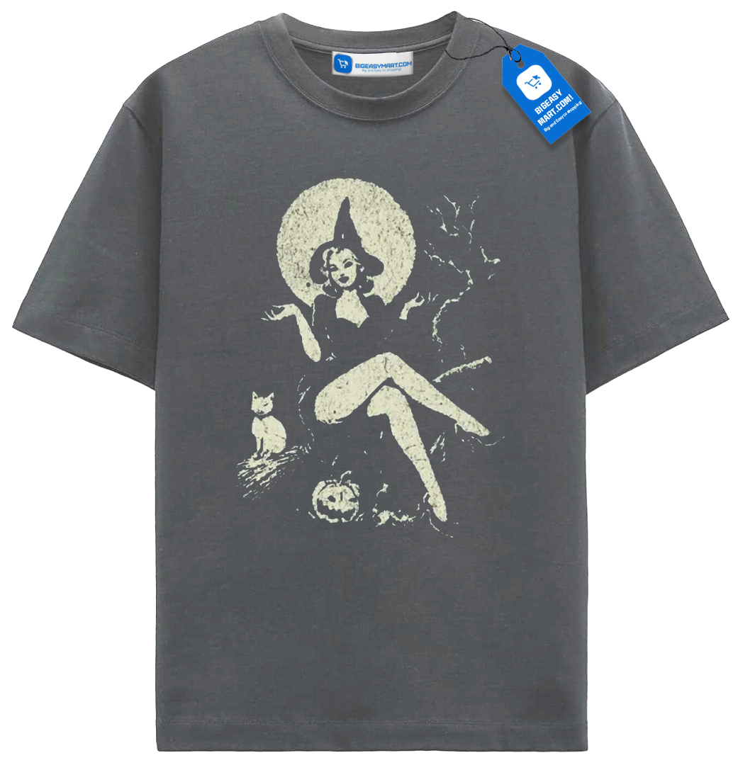 Vintage Witch Pin Up Halloween T Shirt, Retro Moon Cat Tee Vintage Witch Pin Up Halloween T Shirt, Retro Moon Cat Tee - Image 3