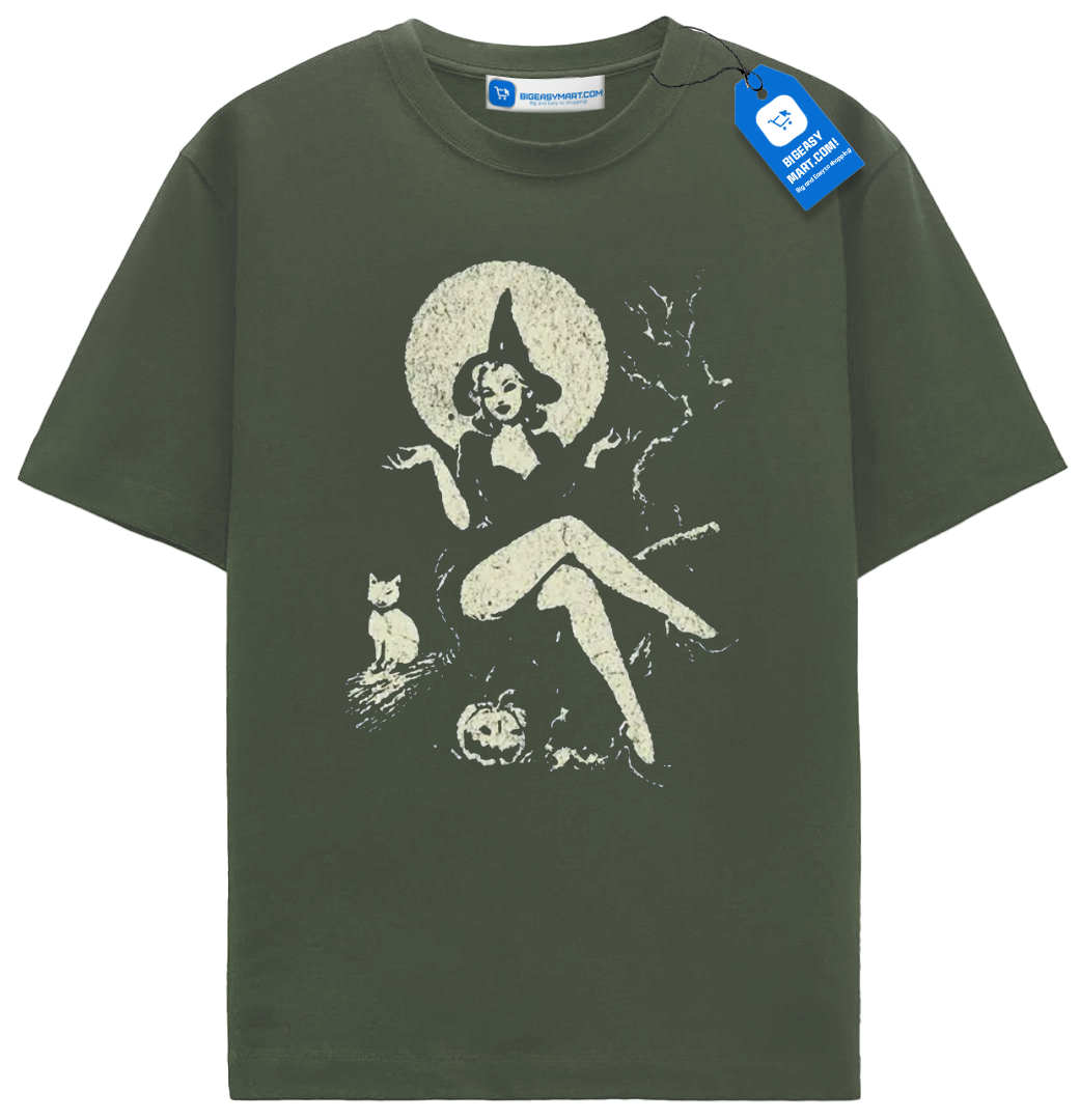 Vintage Witch Pin Up Halloween T Shirt, Retro Moon Cat Tee Vintage Witch Pin Up Halloween T Shirt, Retro Moon Cat Tee - Image 5