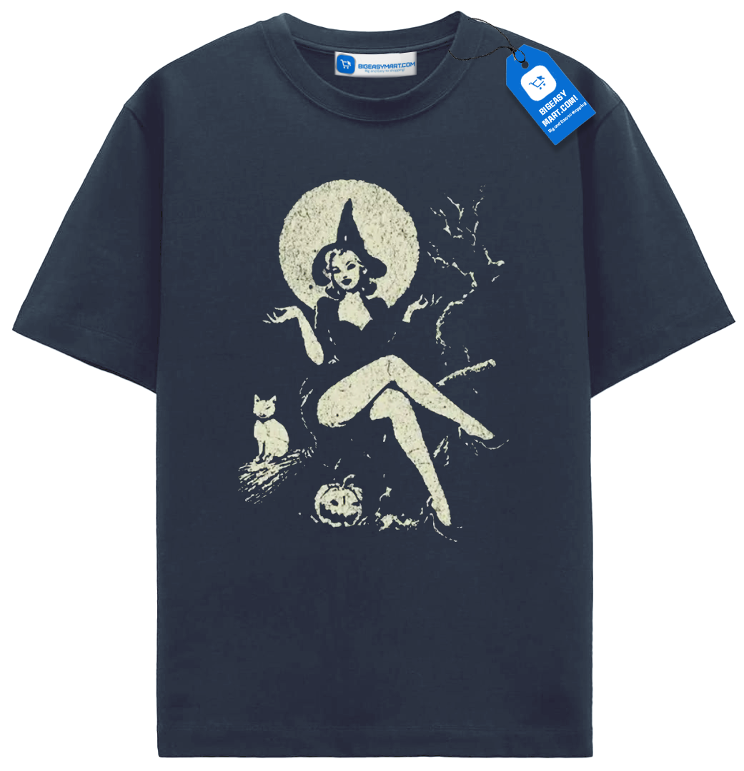 Vintage Witch Pin Up Halloween T Shirt, Retro Moon Cat Tee Vintage Witch Pin Up Halloween T Shirt, Retro Moon Cat Tee - Image 6