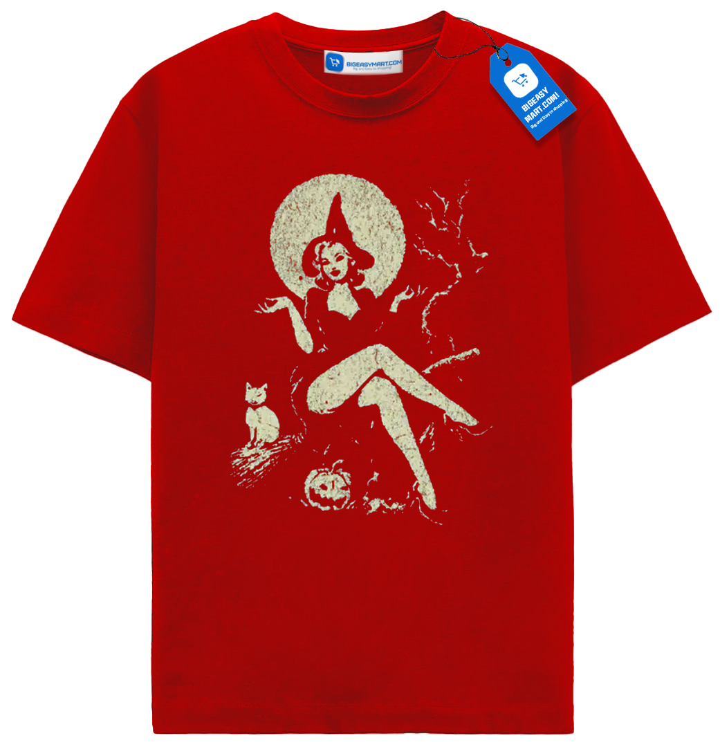 Vintage Witch Pin Up Halloween T Shirt, Retro Moon Cat Tee Vintage Witch Pin Up Halloween T Shirt, Retro Moon Cat Tee - Image 7