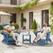 SERWALL 5PC Adjustable Folding Adirondack Chair and Ottoman and Double Side Table, HDPE Adirondack Chairs Set for Outdoor, Blue