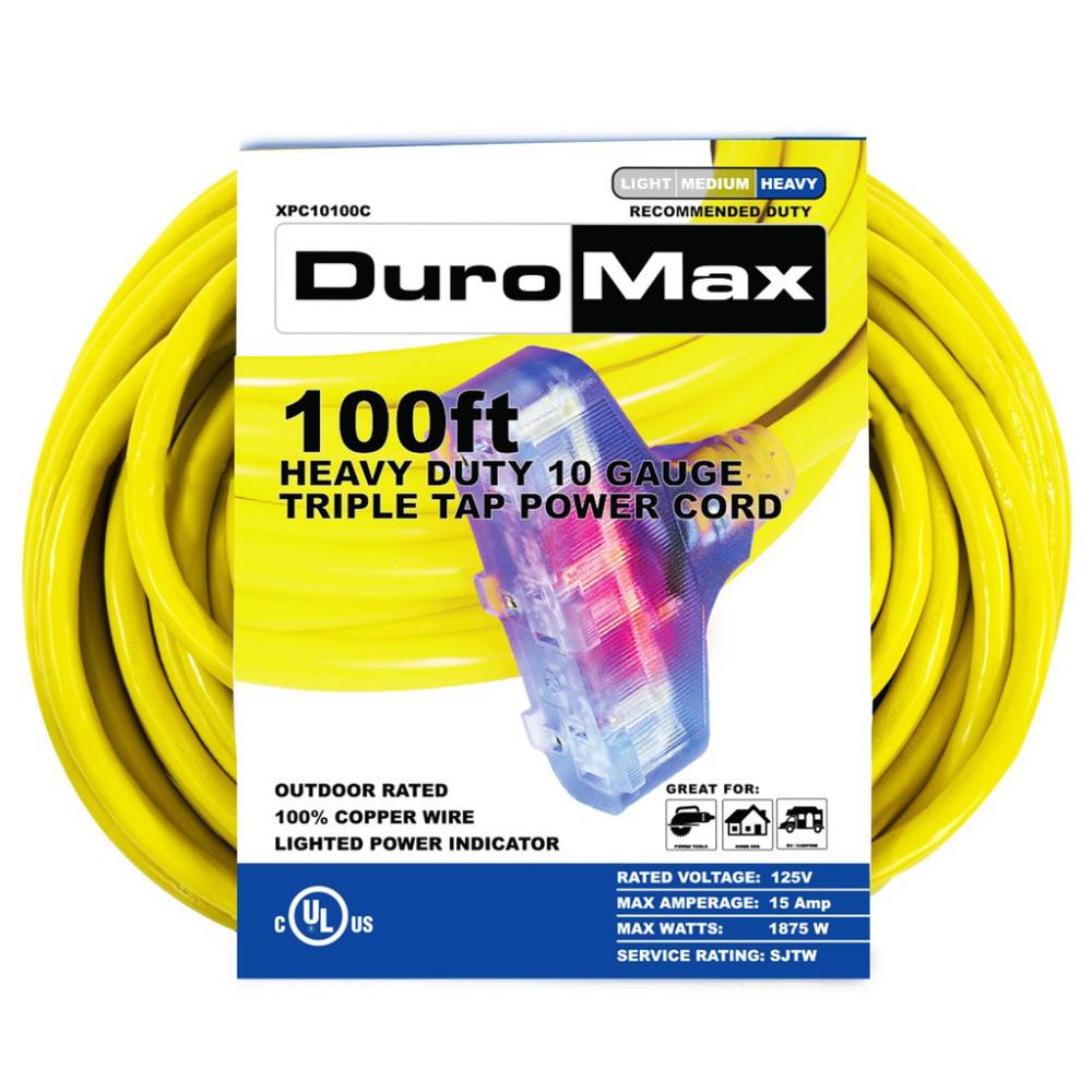 Duromax 100-ft 10 / 3 3 Prong Yellow Indoor/Outdoor Heavy Duty Lighted Extension Cord DuroMax Duromax 100-ft 10 / 3 3 Prong Yellow Indoor/Outdoor Heavy Duty Lighted Extension Cord