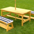 KidKraft Outdoor Wooden Table & Benches with Cushions & Umbrella, Navy