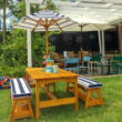 KidKraft Outdoor Wooden Table & Benches with Cushions & Umbrella, Navy