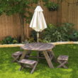 KidKraft Wooden Octagon Table, Stools & Umbrella Set, Kids’ Outdoor Furniture, Brown Bear & Beige