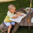 KidKraft Wooden Octagon Table, Stools & Umbrella Set, Kids’ Outdoor Furniture, Brown Bear & Beige