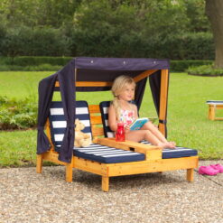KidKraft Wooden Outdoor Double Chaise with Cup Holders, Kid's Furniture, Honey & Navy