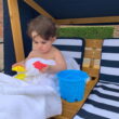 KidKraft Wooden Outdoor Double Chaise with Cup Holders, Kid's Furniture, Honey & Navy