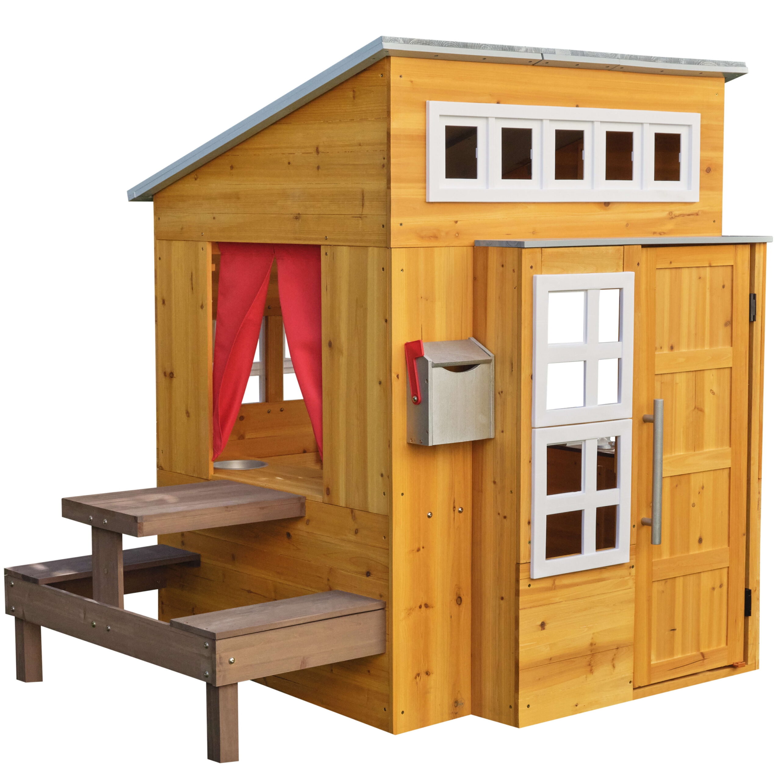 KidKraft Modern Outdoor Wooden Playhouse with Picnic Table, Mailbox and Outdoor Grill