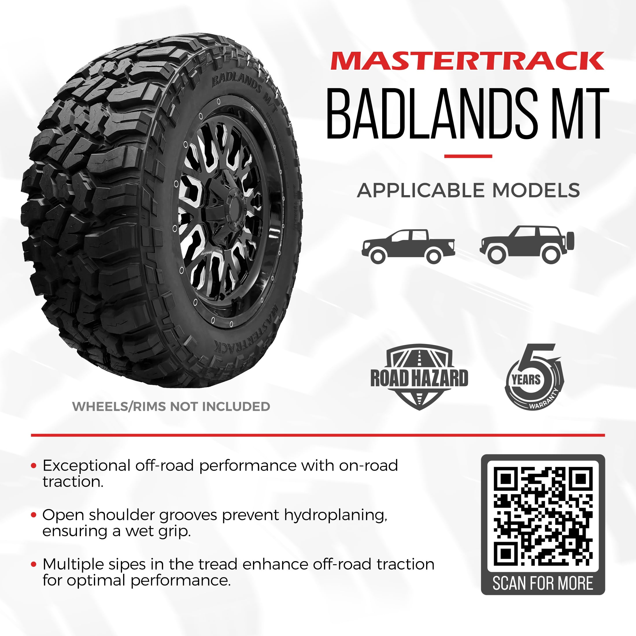 Mastertrack BADLANDS MT Mud Terrain 35x12.50R24LT 111Q 10PR E SUV Light Truck Tire 35/12.50/24(Tire Only) Mastertrack BADLANDS MT Mud Terrain 35x12.50R24LT 111Q 10PR E SUV Light Truck Tire 35/12.50/24(Tire Only)