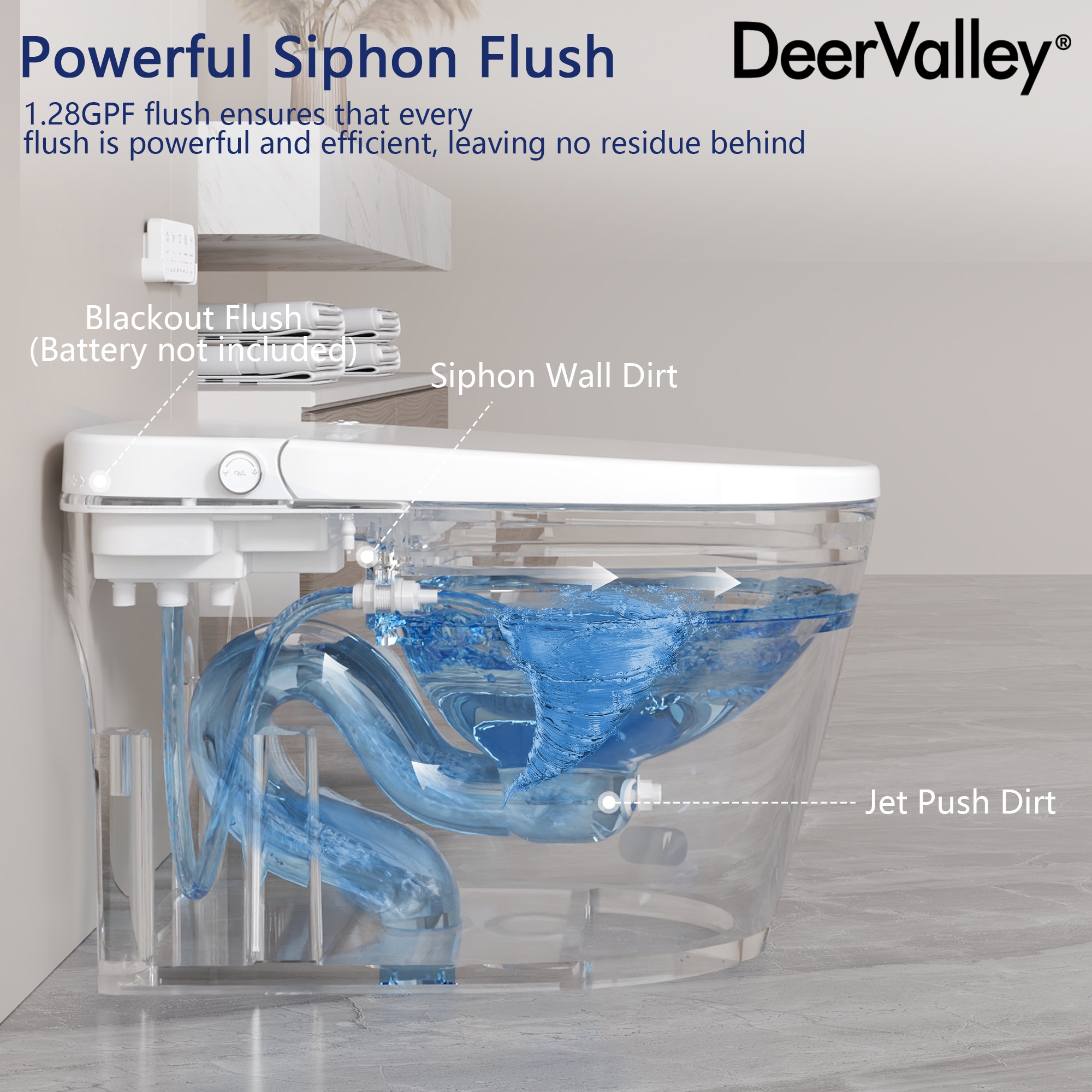 DeerValley Vertex White (No Auto Open/Close) Touchless Flush Elongated Standard Height Smart Soft Close 1-piece Bidet 12-in Rough-In 1.28 GPF DeerValley Vertex White (No Auto Open/Close) Touchless Flush Elongated Standard Height Smart Soft Close 1-piece Bidet 12-in Rough-In 1.28 GPF