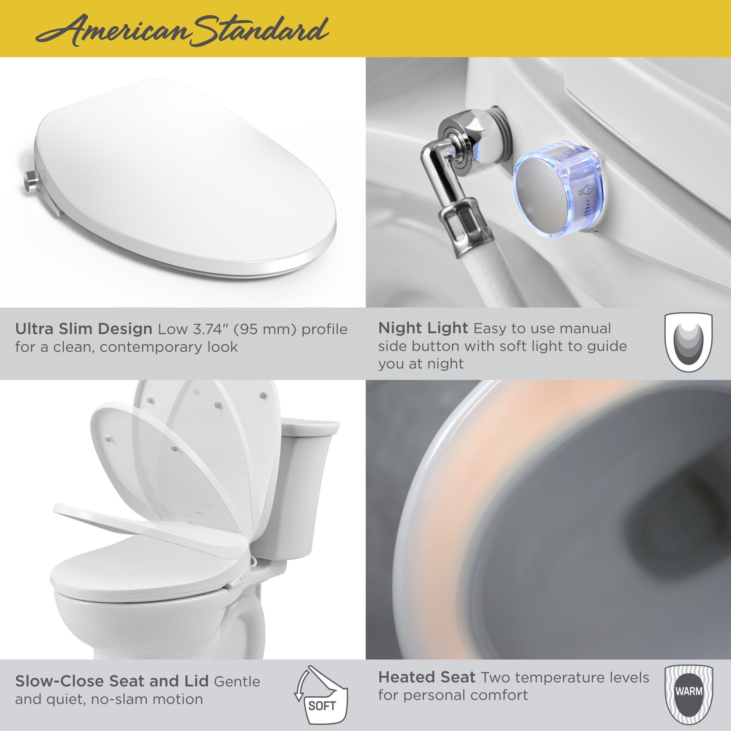 American Standard AquaWash 2.0 Manual SpaLet Plastic White Elongated Smart Compatible Slow Close Feature Heated Bidet Function Toilet Seat American Standard AquaWash 2.0 Manual SpaLet Plastic White Elongated Smart Compatible Slow Close Feature Heated Bidet Function Toilet Seat