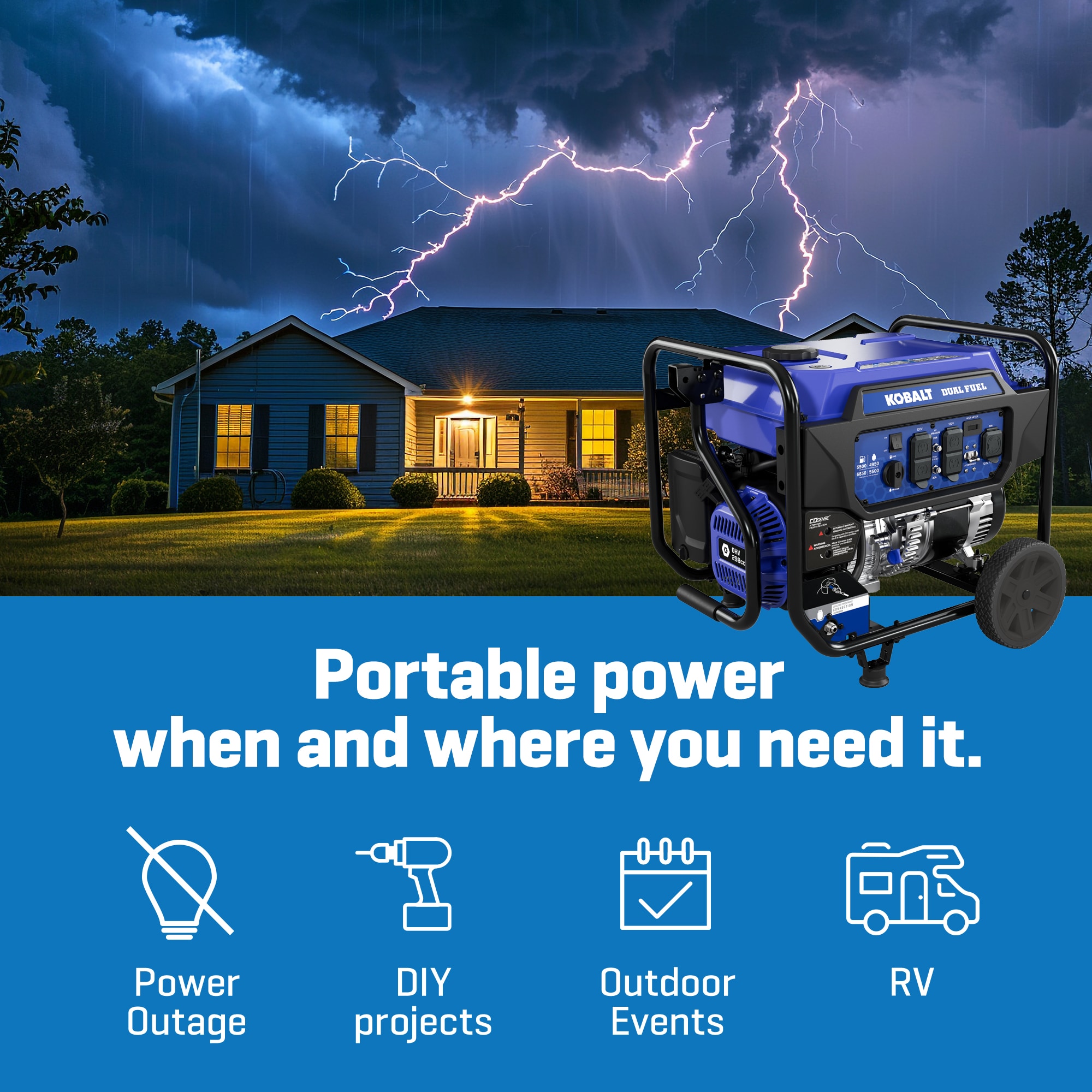 Kobalt 49 State 6830 / 5500 -Watt Dual fuel Portable Generator Kobalt 49 State 6830 / 5500 -Watt Dual fuel Portable Generator