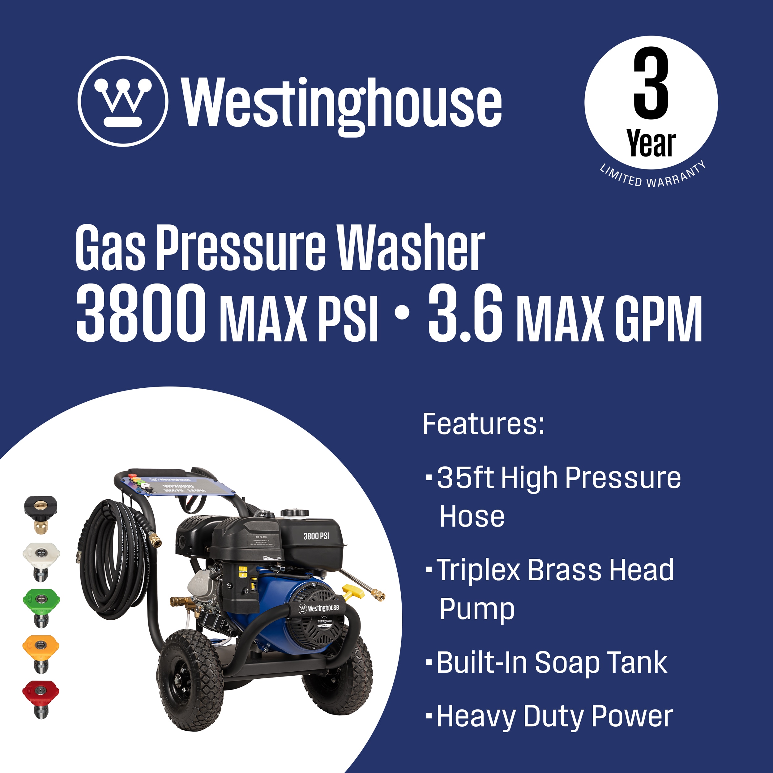 Westinghouse WPX3800 Heavy Duty 3800-PSI 3.6-GPM Cold Water Gas Pressure washer with 5 Spray Tips Westinghouse WPX3800 Heavy Duty 3800-PSI 3.6-GPM Cold Water Gas Pressure washer with 5 Spray Tips