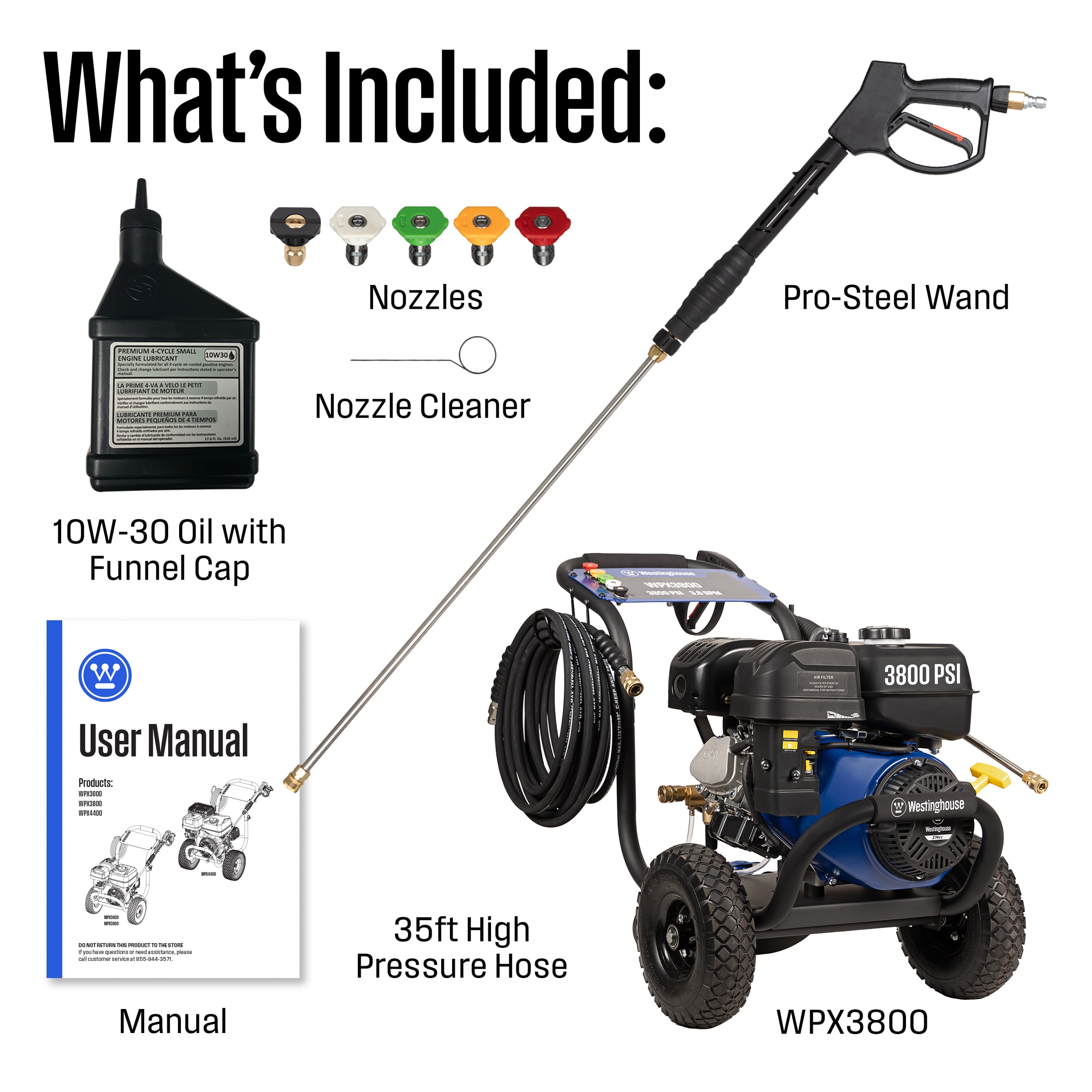 Westinghouse WPX3800 Heavy Duty 3800-PSI 3.6-GPM Cold Water Gas Pressure washer with 5 Spray Tips Westinghouse WPX3800 Heavy Duty 3800-PSI 3.6-GPM Cold Water Gas Pressure washer with 5 Spray Tips