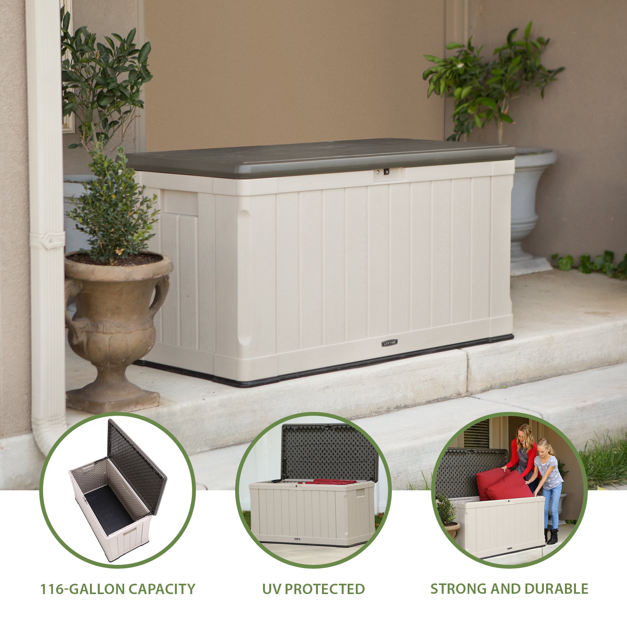 Lifetime Outdoor Polyethylene Deck Box, 116 Gallon Capacity, Tan & Brown (60186) Lifetime Outdoor Polyethylene Deck Box, 116 Gallon Capacity, Tan & Brown (60186)