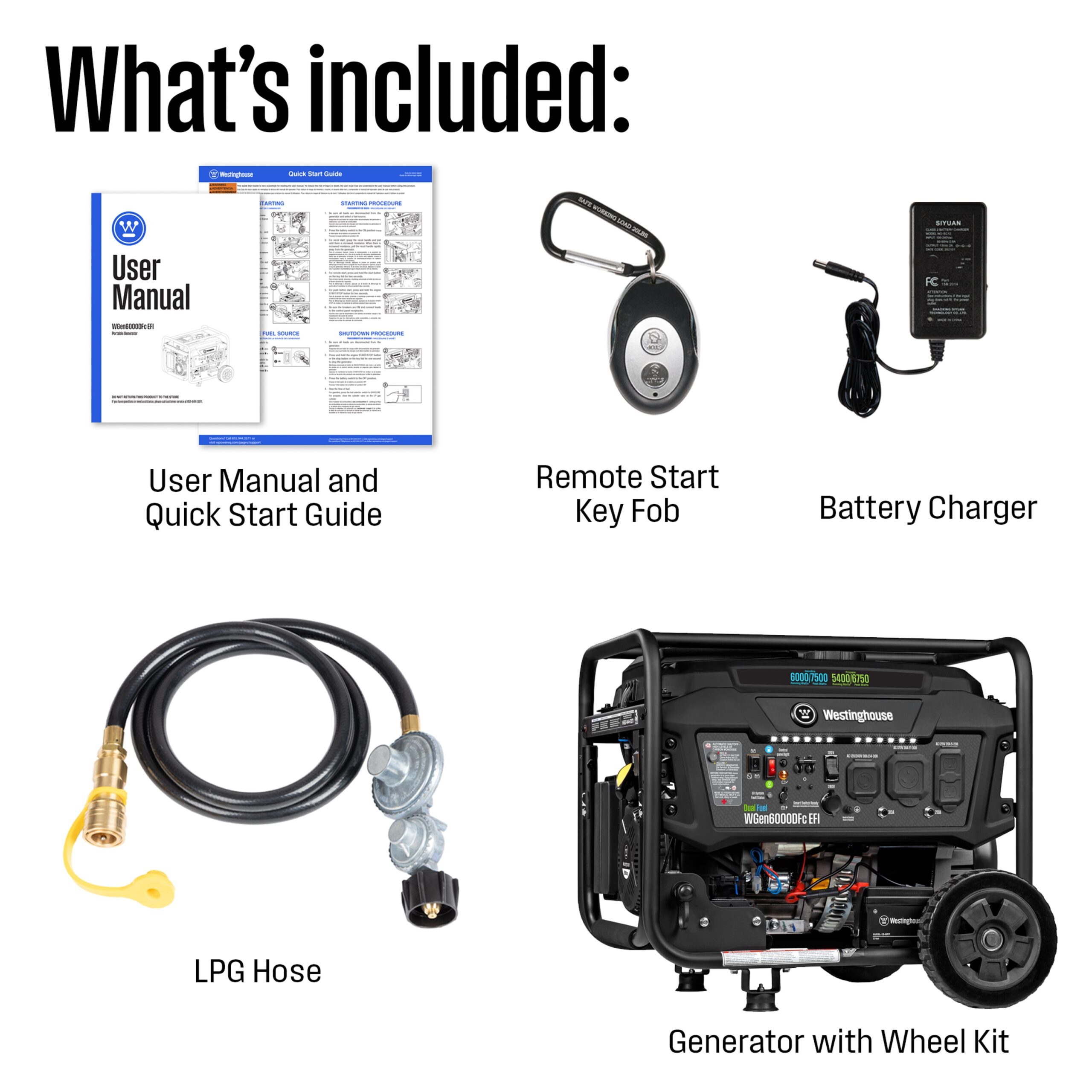 Westinghouse : WGen6000DFc EFI 50 State Remote Electric Start 7500 / 6000 -Watt Dual fuel Portable Generator Westinghouse : WGen6000DFc EFI 50 State Remote Electric Start 7500 / 6000 -Watt Dual fuel Portable Generator