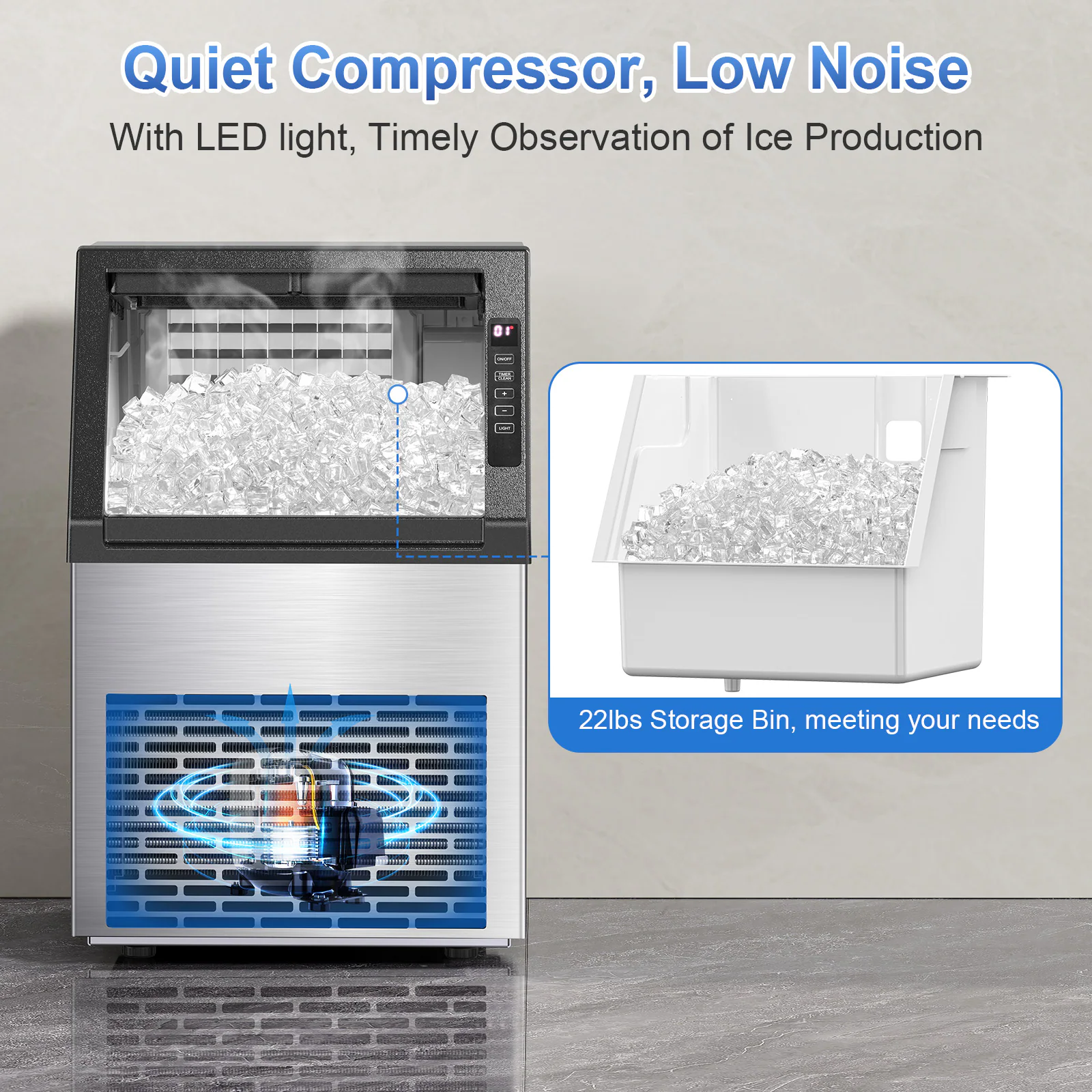COWSAR 22-lb Ice Storage 80-lb Ice Per day Cubed Ice Maker (Stainless Steel) COWSAR 22-lb Ice Storage 80-lb Ice Per day Cubed Ice Maker (Stainless Steel) - Image 3