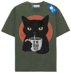 Is He Dead Yet T Shirt, Sassy Black Cat With Coffee Mug