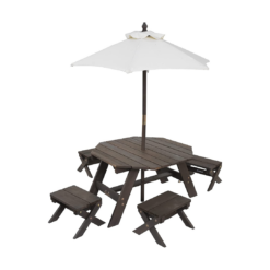 KidKraft Wooden Octagon Table, Stools & Umbrella Set, Kids’ Outdoor Furniture, Brown Bear & Beige