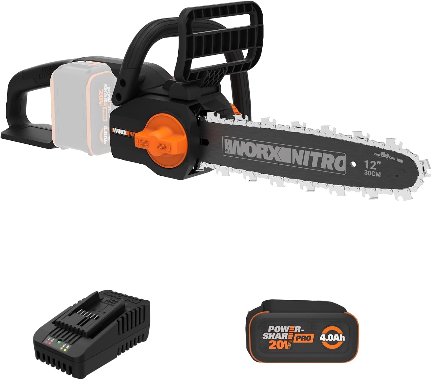 Worx Nitro 20V 12" Cordless Brushless Chainsaw 4.0 Ah Battery and Charger Included WG350 Worx Nitro 20V 12" Cordless Brushless Chainsaw 4.0 Ah Battery and Charger Included WG350