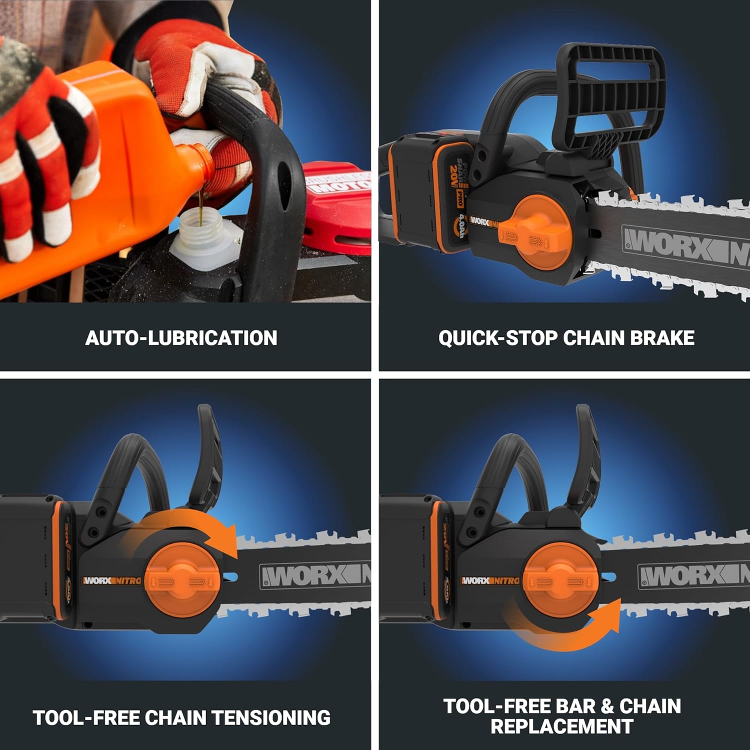 Worx Nitro 20V 12" Cordless Brushless Chainsaw 4.0 Ah Battery and Charger Included WG350 Worx Nitro 20V 12" Cordless Brushless Chainsaw 4.0 Ah Battery and Charger Included WG350