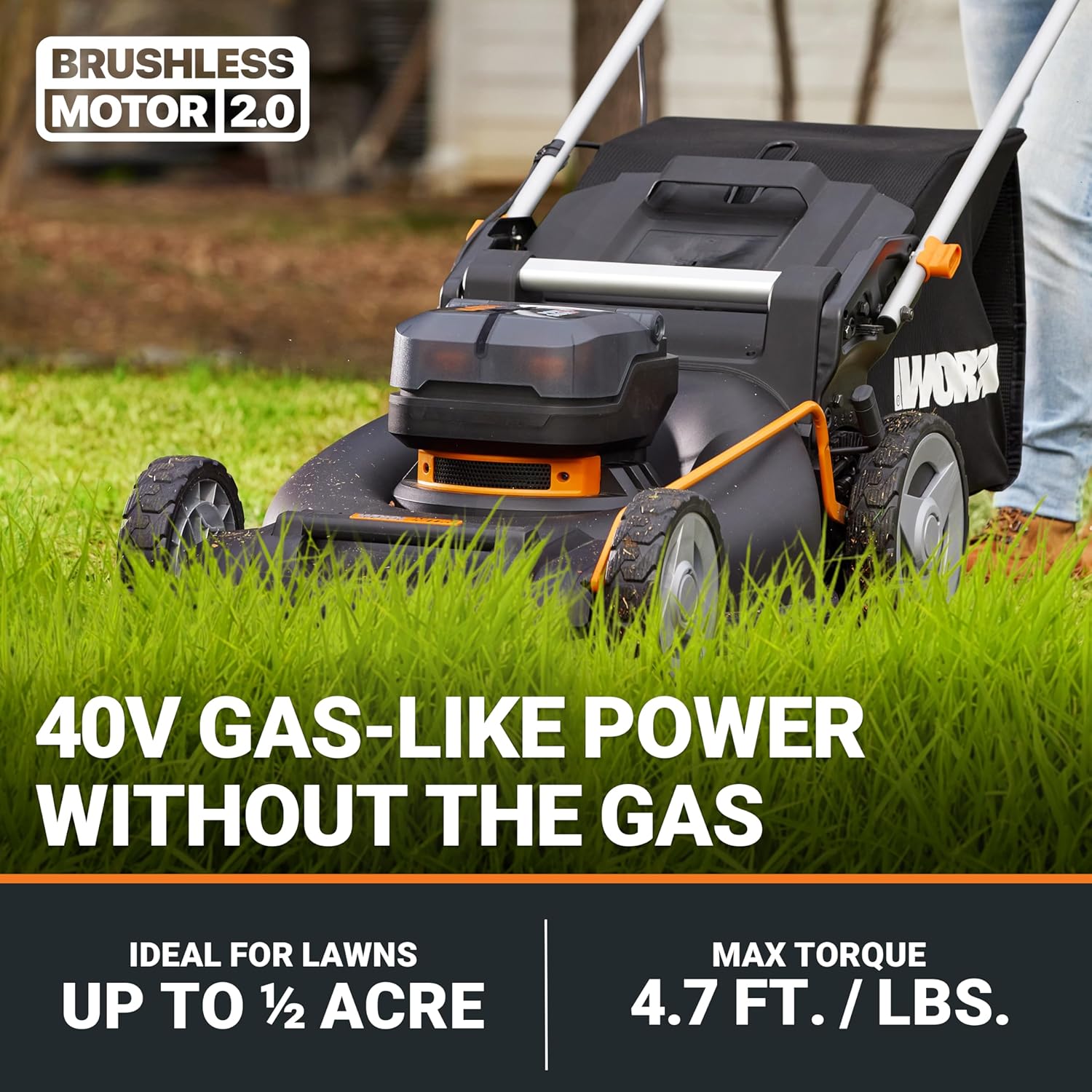 WORX Nitro 40V 21" Cordless Lawn Mower w/Aerodeck & Intellicut, Brushless Electric Mower Up to 1/2 Acre, Push Lawn Mower WORX Nitro 40V 21" Cordless Lawn Mower w/Aerodeck & Intellicut, Brushless Electric Mower Up to 1/2 Acre, Push Lawn Mower w/ 7-Position Height Adjustment WG752 – Batteries & Charger Included
