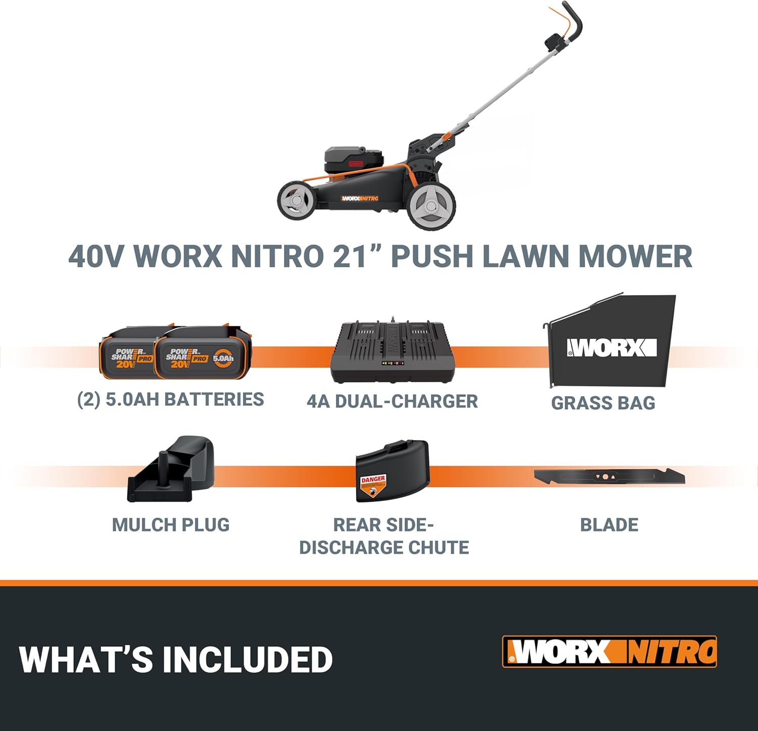 WORX Nitro 40V 21" Cordless Lawn Mower w/Aerodeck & Intellicut, Brushless Electric Mower Up to 1/2 Acre, Push Lawn Mower WORX Nitro 40V 21" Cordless Lawn Mower w/Aerodeck & Intellicut, Brushless Electric Mower Up to 1/2 Acre, Push Lawn Mower w/ 7-Position Height Adjustment WG752 – Batteries & Charger Included