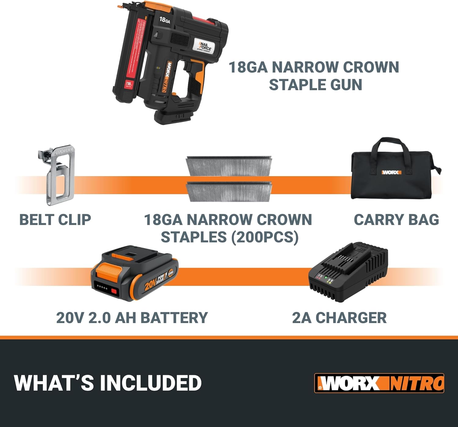 Worx Nitro 20V Cordless 18-Gauge Narrow Crown Stapler, Cordless Staple Gun Fires Up to 80 Staples/Min, Battery Powered Staple Gun Worx Nitro 20V Cordless 18-Gauge Narrow Crown Stapler, Cordless Staple Gun Fires Up to 80 Staples/Min, Battery Powered Staple Gun with Tool-Free Jam Release WX844L – Battery & Charger Included