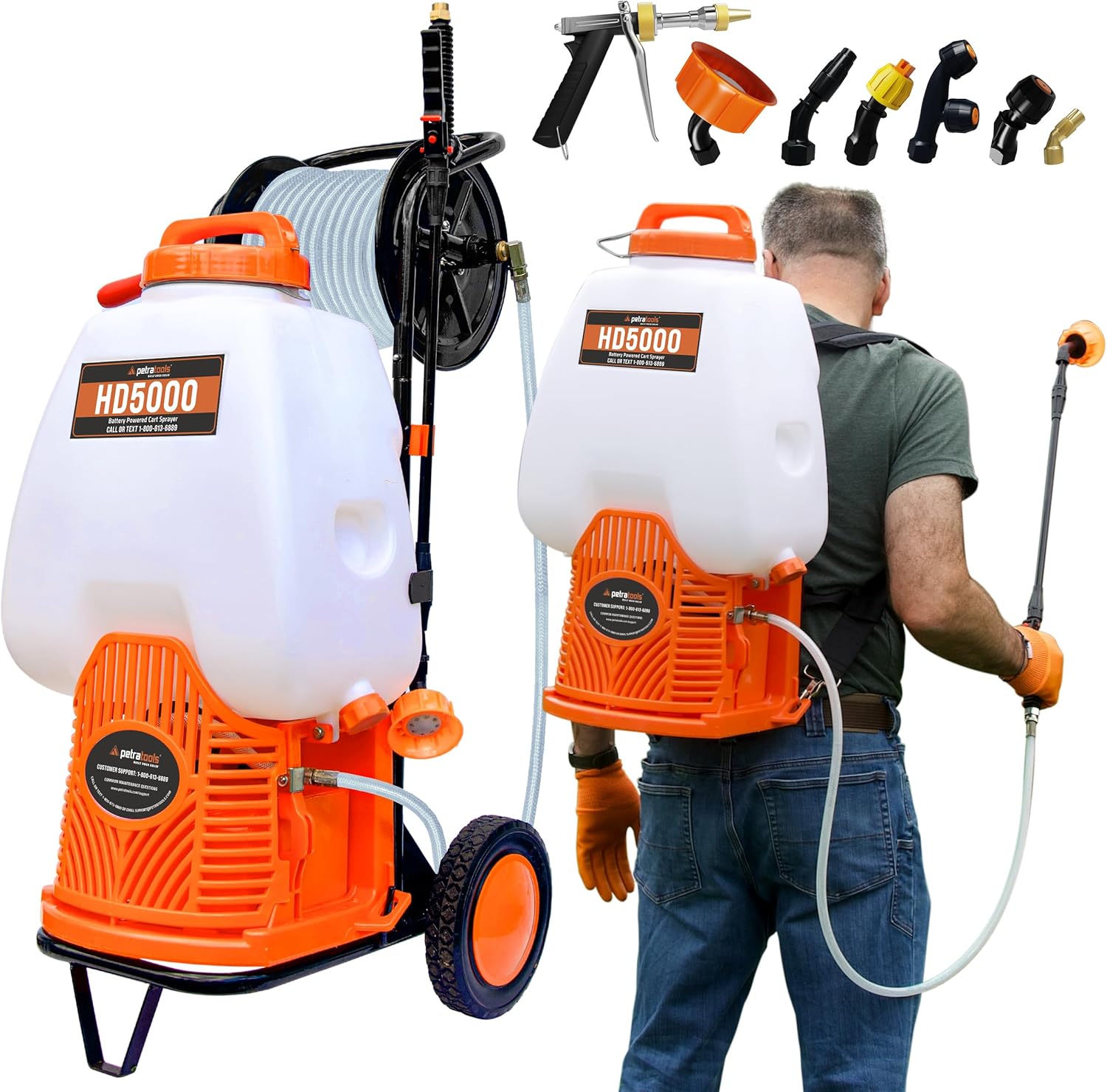 PetraTools Battery Backpack Sprayer with Custom Fitted Cart and 100 Foot Commercial Hose, 2 Hoses Included (HD5000 6.5-Gallon with Reel Cart) PetraTools Battery Backpack Sprayer with Custom Fitted Cart and 100 Foot Commercial Hose, 2 Hoses Included, Commercial Quality Heavy Duty Sprayer (HD5000 6.5-Gallon with Reel Cart)