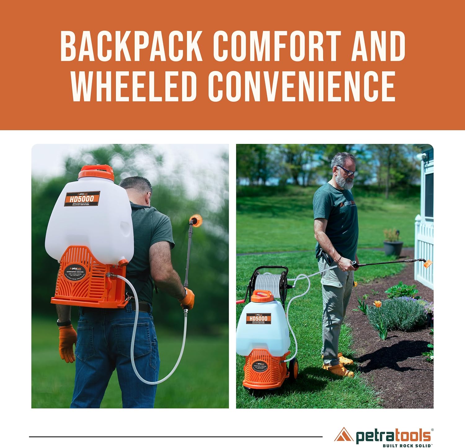 PetraTools Battery Backpack Sprayer with Custom Fitted Cart and 100 Foot Commercial Hose, 2 Hoses Included (HD5000 6.5-Gallon with Reel Cart) PetraTools Battery Backpack Sprayer with Custom Fitted Cart and 100 Foot Commercial Hose, 2 Hoses Included, Commercial Quality Heavy Duty Sprayer (HD5000 6.5-Gallon with Reel Cart)
