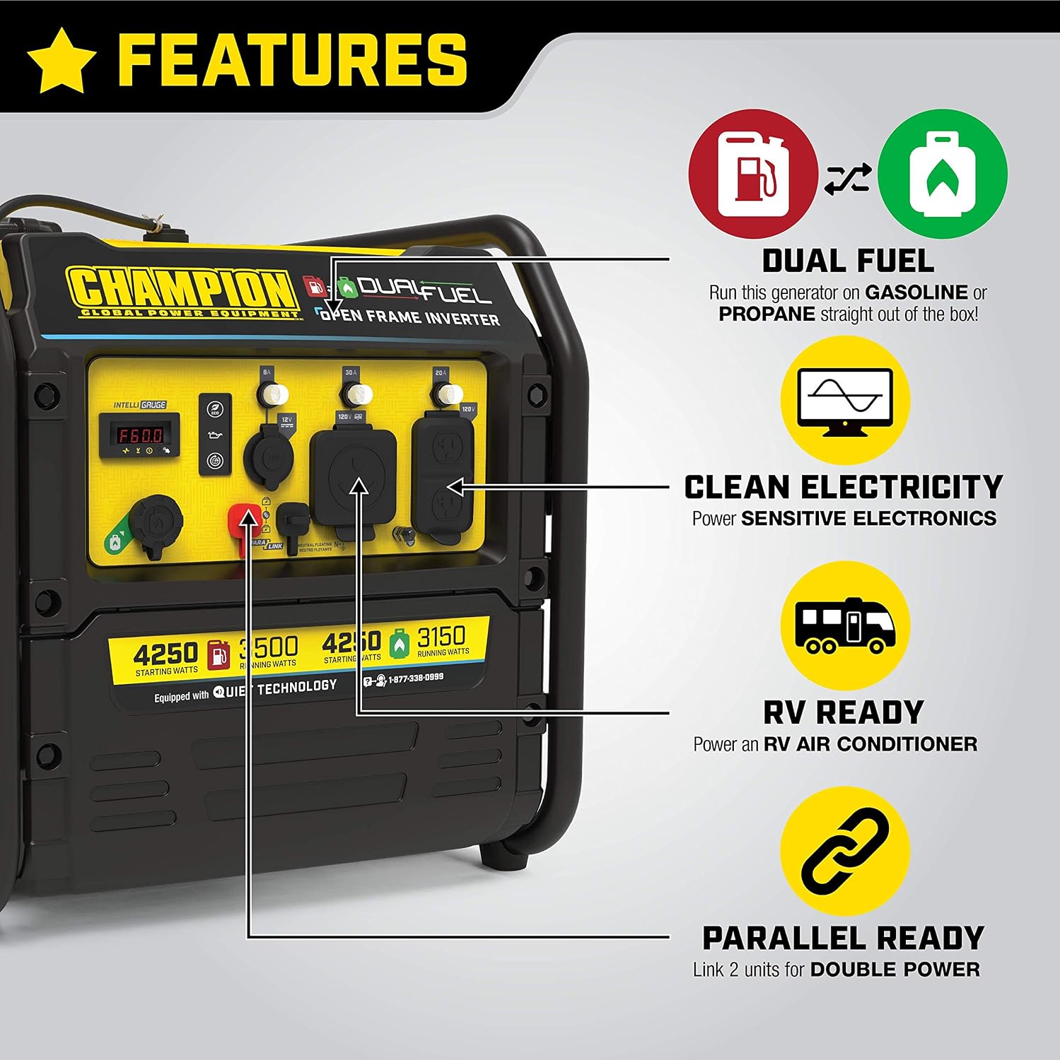 Champion Power Equipment 4250-Watt Dual Fuel RV Ready Portable Open Frame Inverter Generator with Quiet Technology Champion Power Equipment 4250-Watt Dual Fuel RV Ready Portable Open Frame Inverter Generator with Quiet Technology