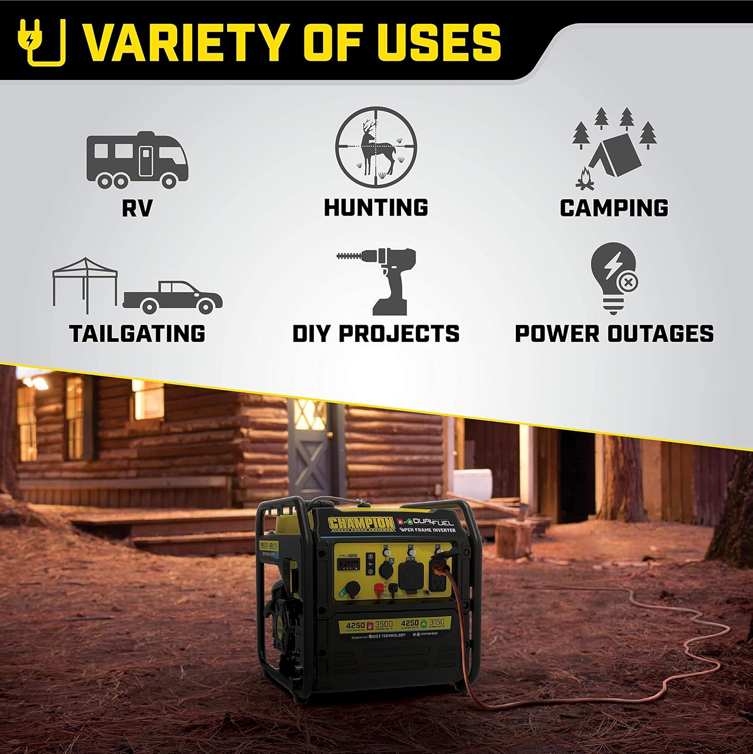 Champion Power Equipment 4250-Watt Dual Fuel RV Ready Portable Open Frame Inverter Generator with Quiet Technology Champion Power Equipment 4250-Watt Dual Fuel RV Ready Portable Open Frame Inverter Generator with Quiet Technology