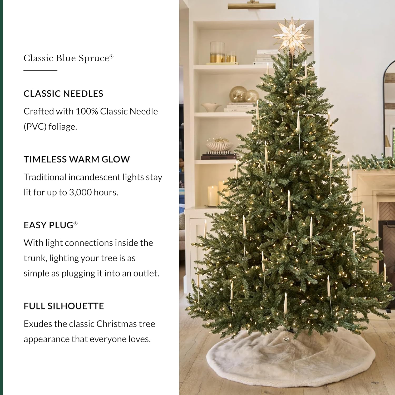 Balsam Hill 7.5ft Pre-Lit Classic Blue Spruce - Artificial Christmas Tree with 1000 Clear Incandescent Lights Balsam Hill 7.5ft Pre-Lit Classic Blue Spruce - Artificial Christmas Tree with 1000 Clear Incandescent Lights, Easy Plug Technology, Premium Stand for Indoor Holiday Decorating