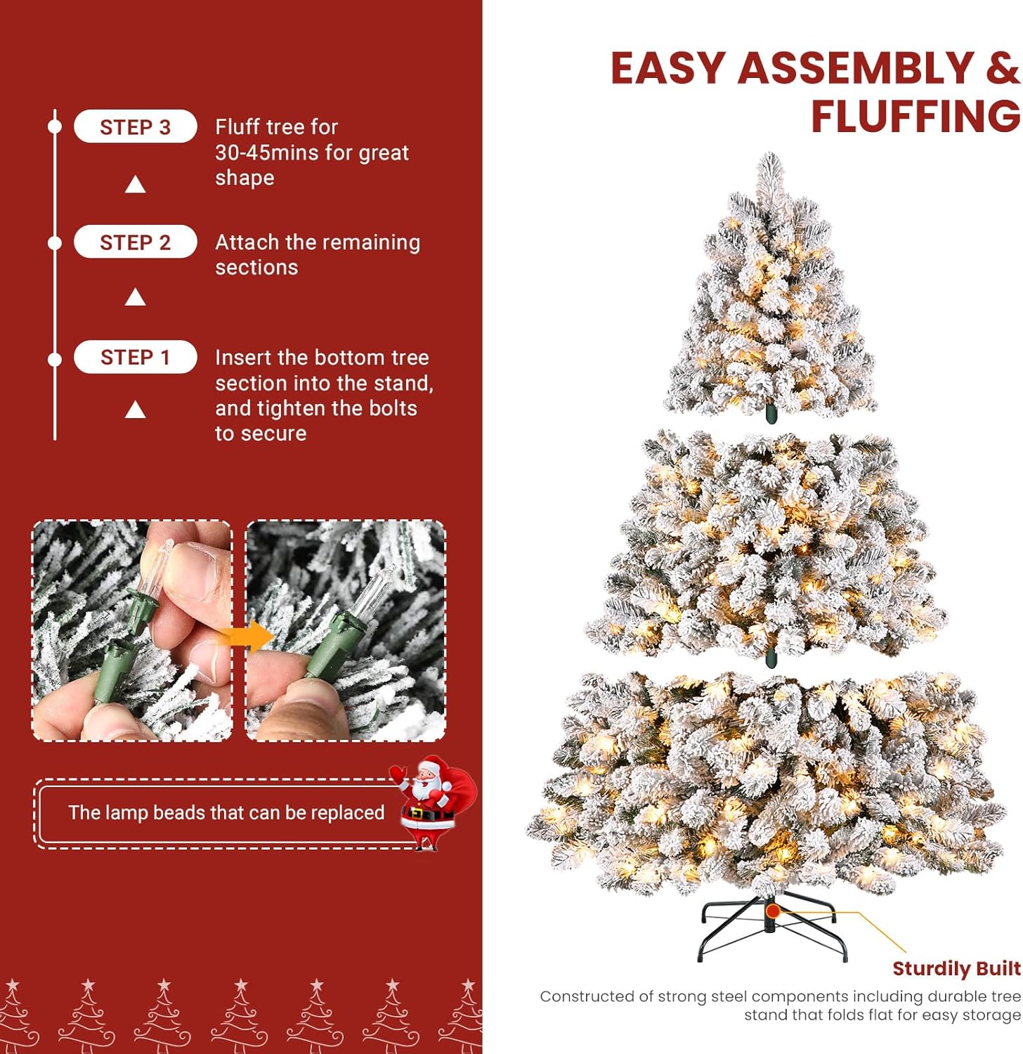 SHareconn 9ft Prelit Snow Flocked Spruce Artificial Christmas Tree with 550 Incandescent Warm White Lights SHareconn 9ft Prelit Snow Flocked Spruce Artificial Christmas Tree with 550 Incandescent Warm White Lights, Foldable Stand, Snow Flocked Full Prelighted Xmas Tree W/1810 Branch Tips, 9 FT, White