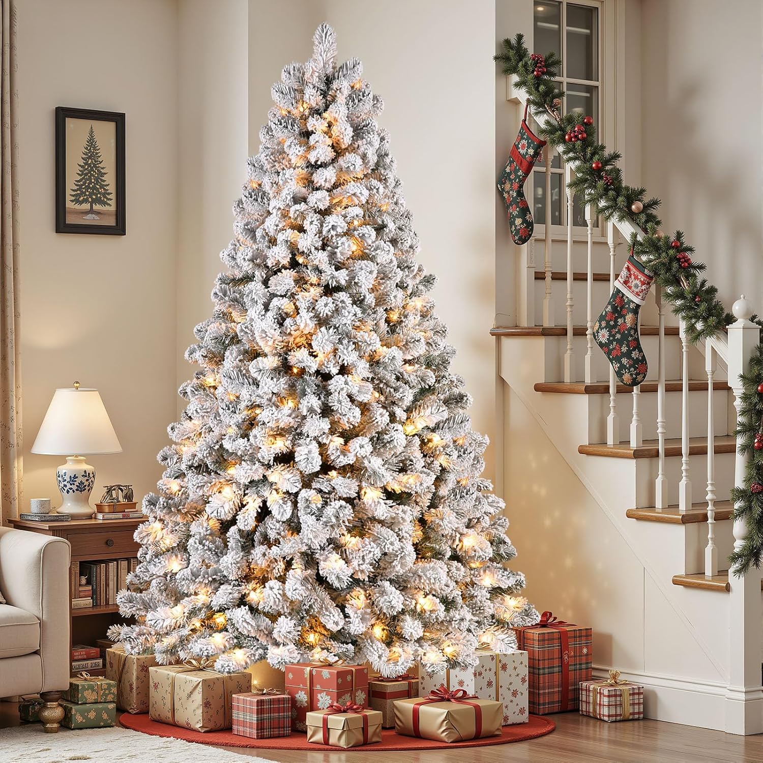 SHareconn 9ft Prelit Snow Flocked Spruce Artificial Christmas Tree with 550 Incandescent Warm White Lights SHareconn 9ft Prelit Snow Flocked Spruce Artificial Christmas Tree with 550 Incandescent Warm White Lights, Foldable Stand, Snow Flocked Full Prelighted Xmas Tree W/1810 Branch Tips, 9 FT, White