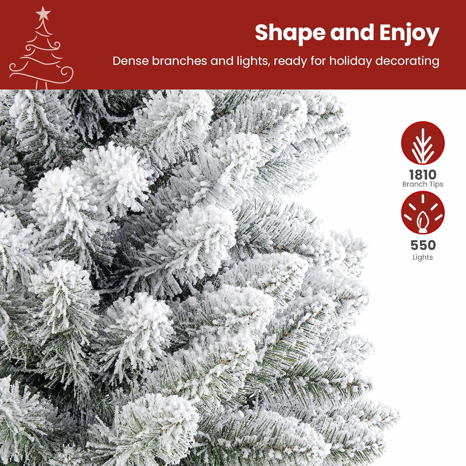 SHareconn 9ft Prelit Snow Flocked Spruce Artificial Christmas Tree with 550 Incandescent Warm White Lights SHareconn 9ft Prelit Snow Flocked Spruce Artificial Christmas Tree with 550 Incandescent Warm White Lights, Foldable Stand, Snow Flocked Full Prelighted Xmas Tree W/1810 Branch Tips, 9 FT, White