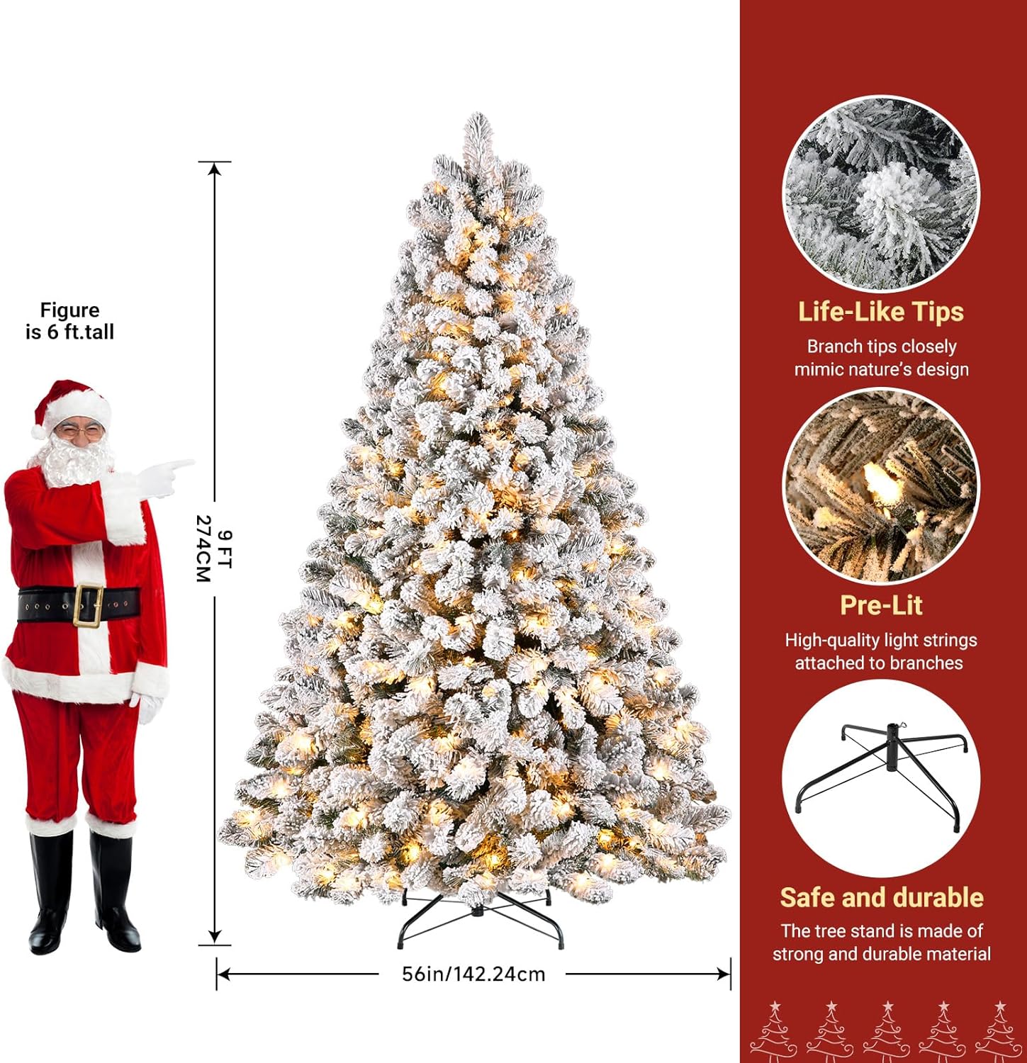 SHareconn 9ft Prelit Snow Flocked Spruce Artificial Christmas Tree with 550 Incandescent Warm White Lights SHareconn 9ft Prelit Snow Flocked Spruce Artificial Christmas Tree with 550 Incandescent Warm White Lights, Foldable Stand, Snow Flocked Full Prelighted Xmas Tree W/1810 Branch Tips, 9 FT, White