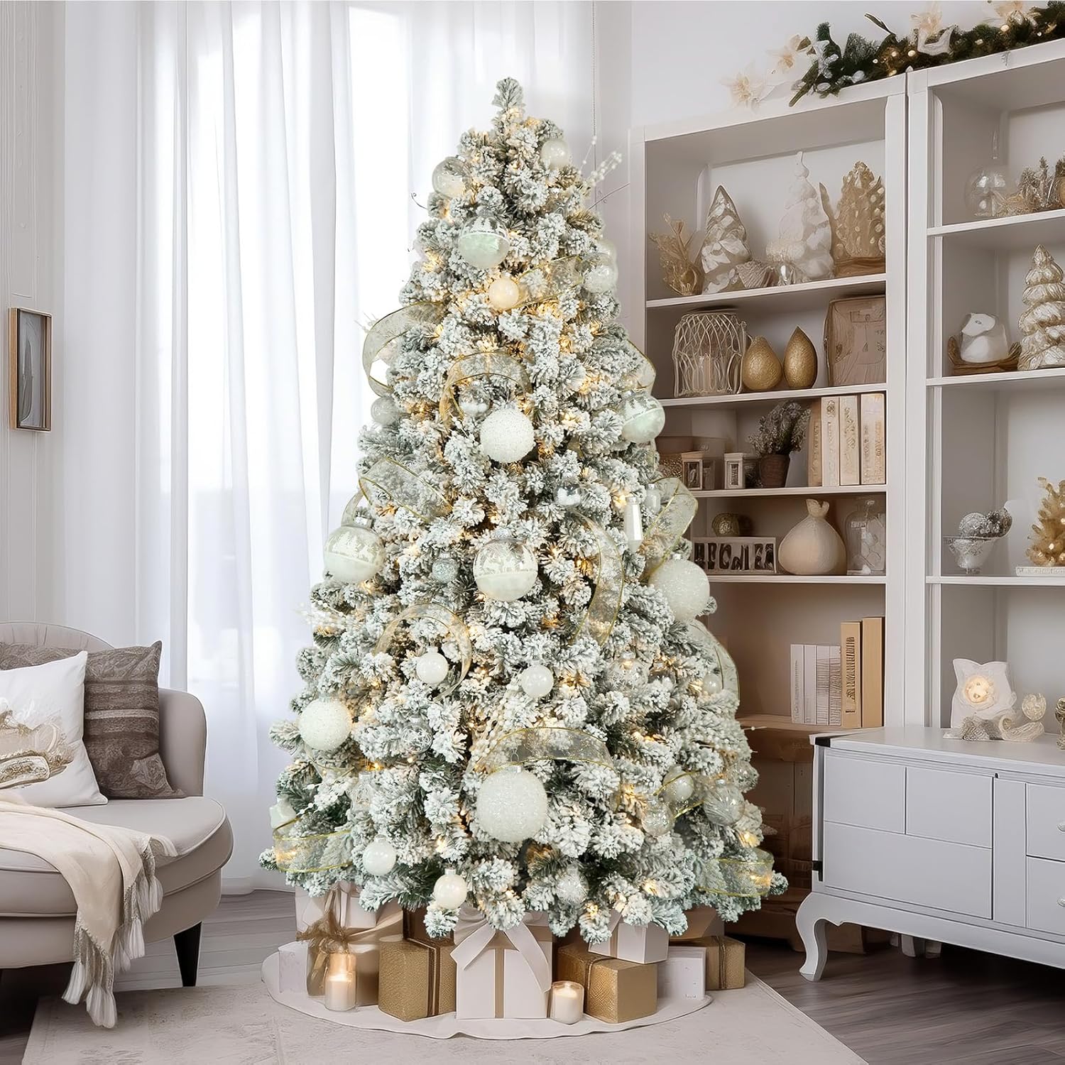 SHareconn 9ft Prelit Snow Flocked Spruce Artificial Christmas Tree with 550 Incandescent Warm White Lights SHareconn 9ft Prelit Snow Flocked Spruce Artificial Christmas Tree with 550 Incandescent Warm White Lights, Foldable Stand, Snow Flocked Full Prelighted Xmas Tree W/1810 Branch Tips, 9 FT, White